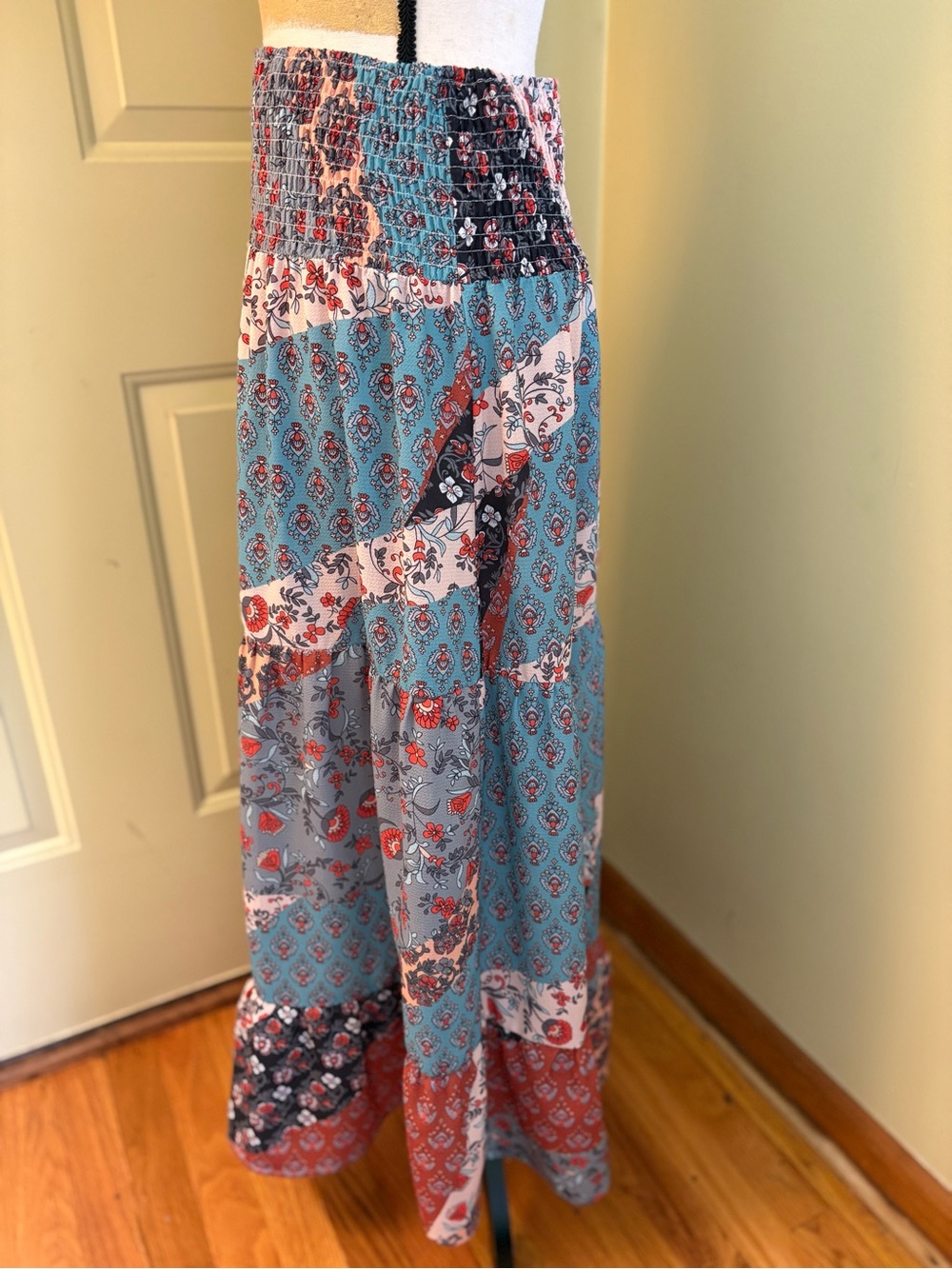 BOHO Printed Patchwork Smocked Waist Maxi Skirt size M - Picture 4 of 11